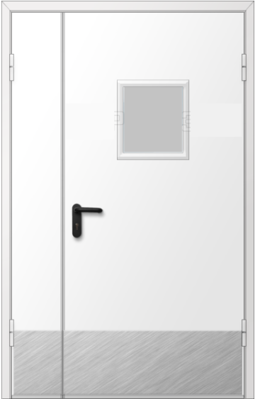 межкомнатная дверь двупольная металлическая с накладкой из нержавеющей стали и остеклением 300х400